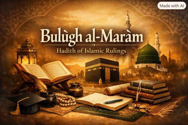 Bulūgh al‑Marām course banner showing Islamic books, lantern, Kaaba, and Prophet’s Mosque — promoting a two‑year hadith study programme.